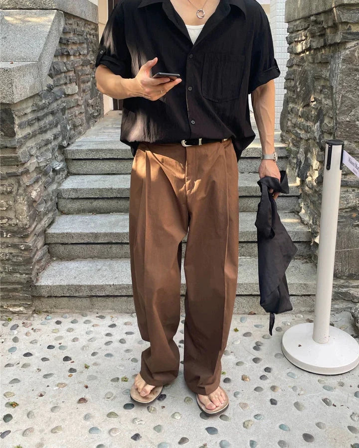 Wijde broek met plooi en hoge taille heren