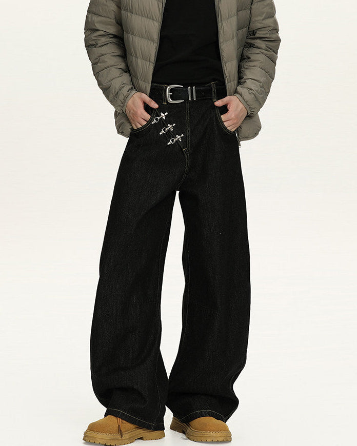 Zwarte wijde stretch denim broek heren