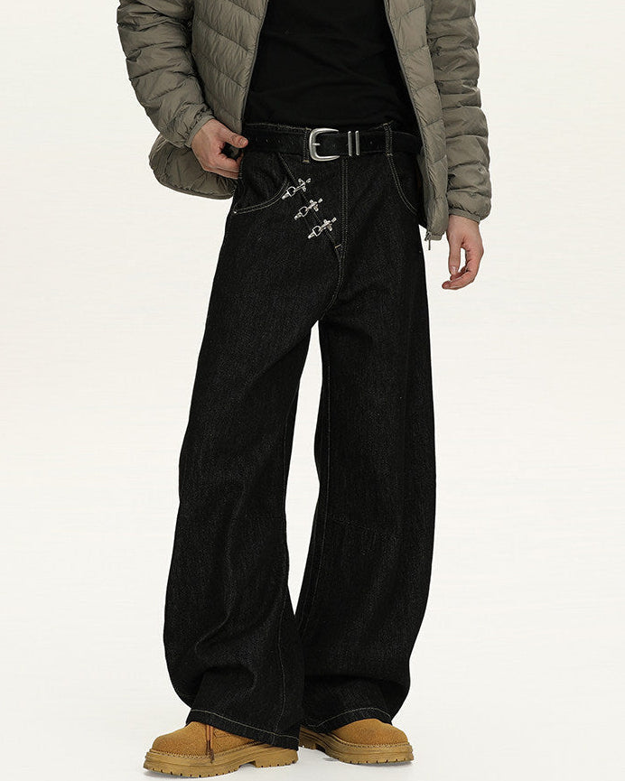 Zwarte wijde stretch denim broek heren