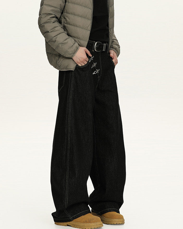Zwarte wijde stretch denim broek heren