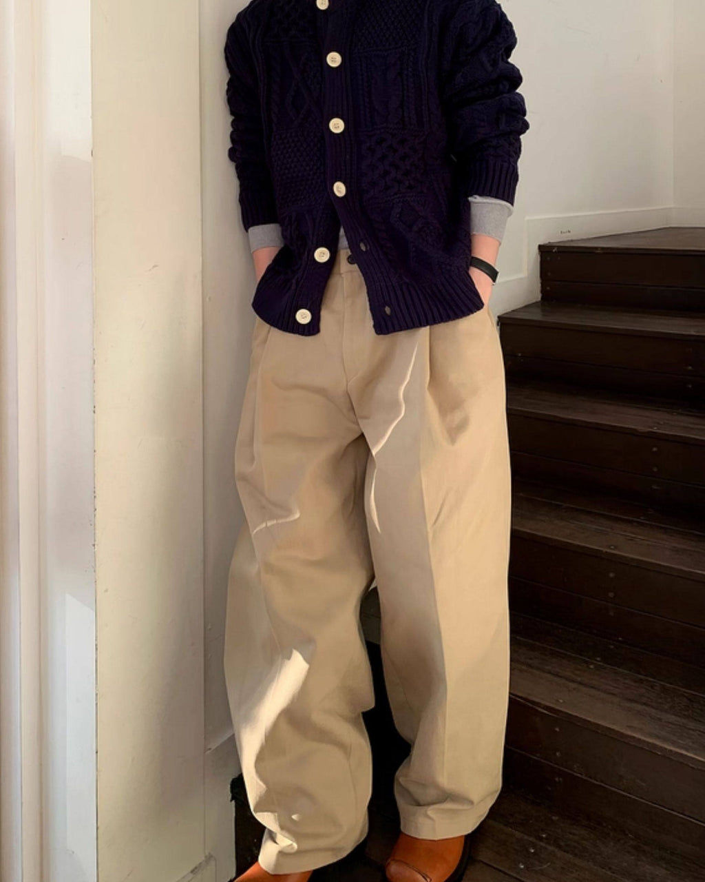 Wijde broek met plooi en hoge taille heren