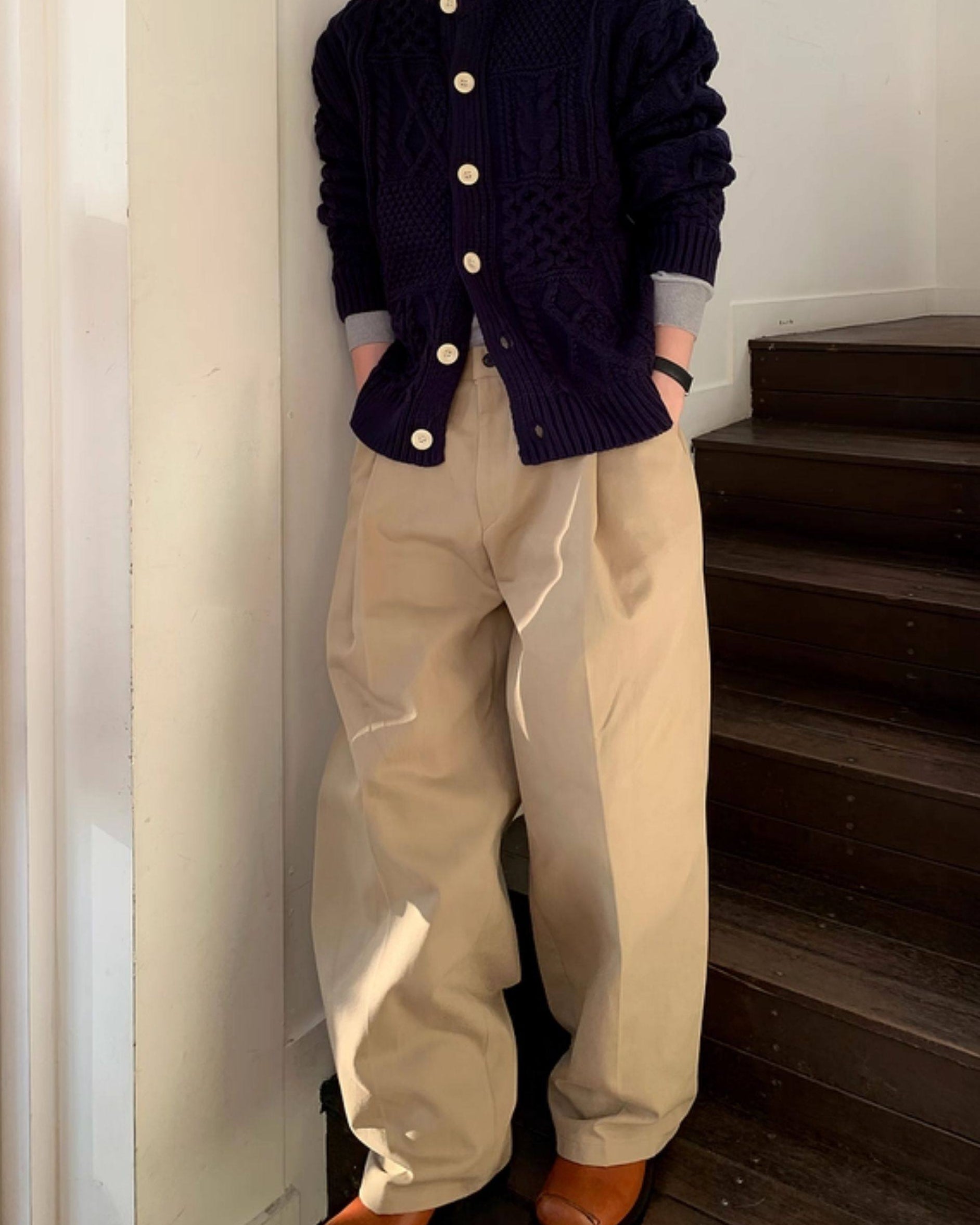Wijde broek met plooi en hoge taille heren