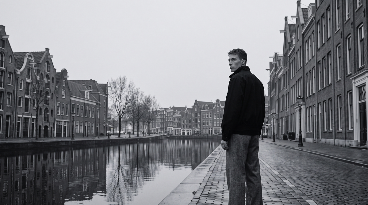 Nuvery Herfst/Winter 26 campagne - model in zwarte jas aan de Amsterdamse gracht
