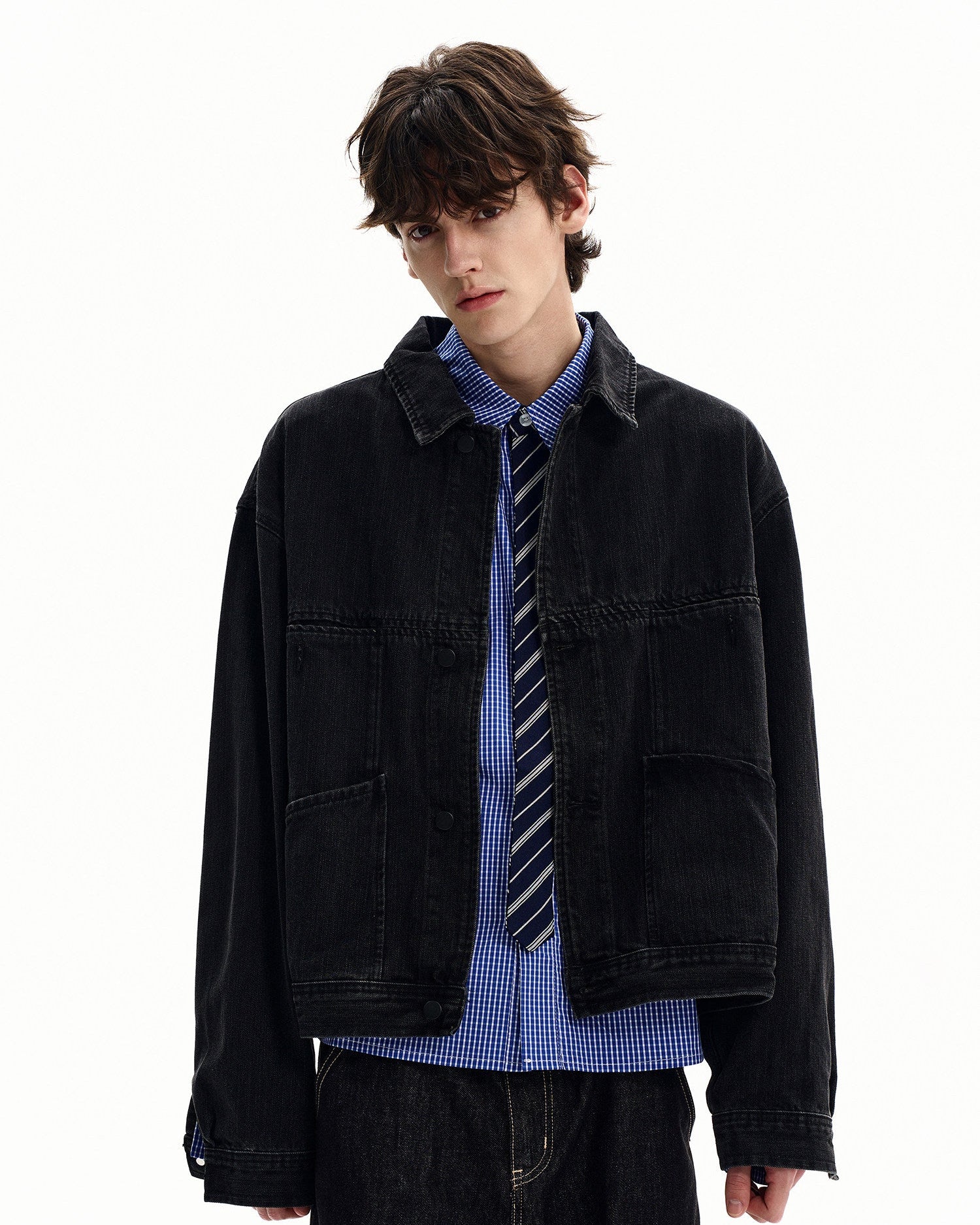 Zwarte denim jas met drukknopen heren