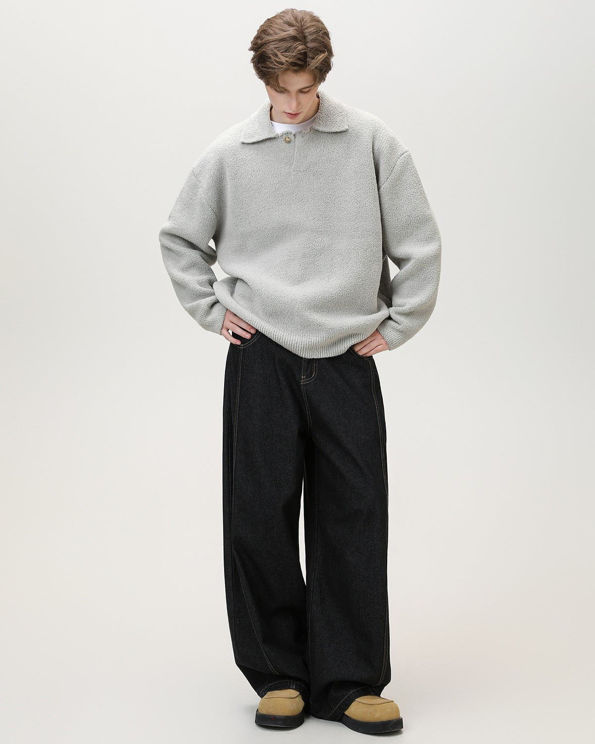 Oversized henley trui van wolmix heren