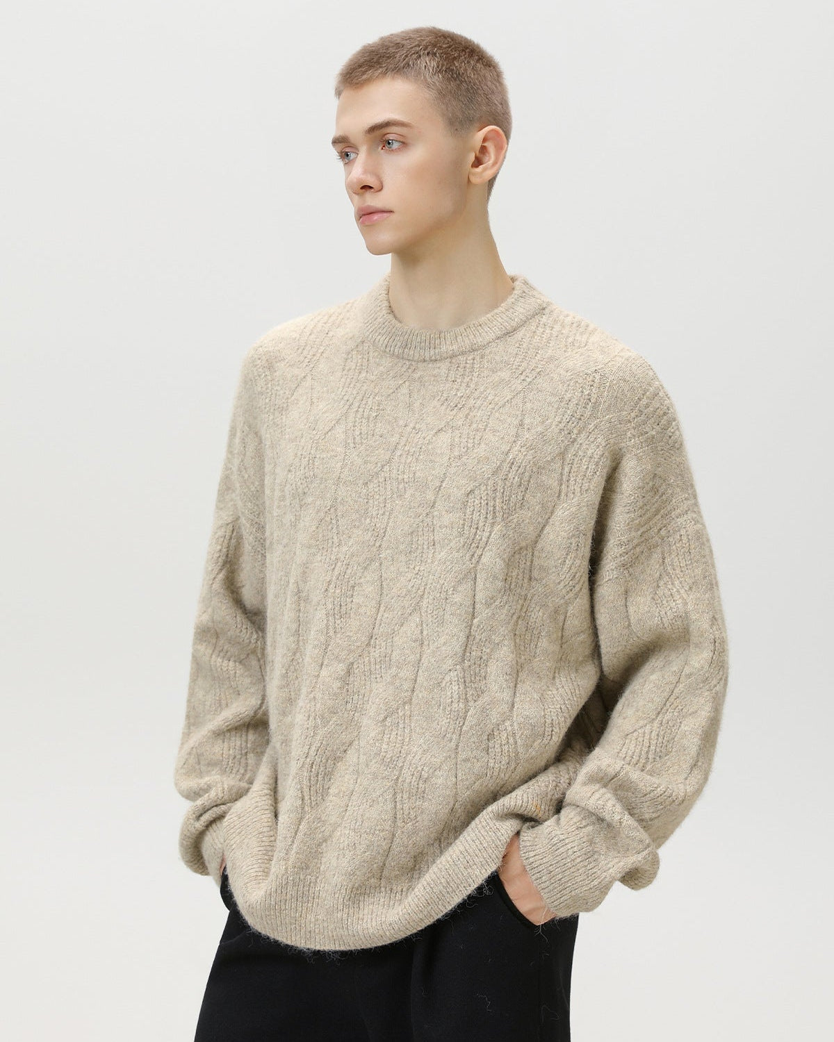 Oversized kabeltrui van wolmix heren