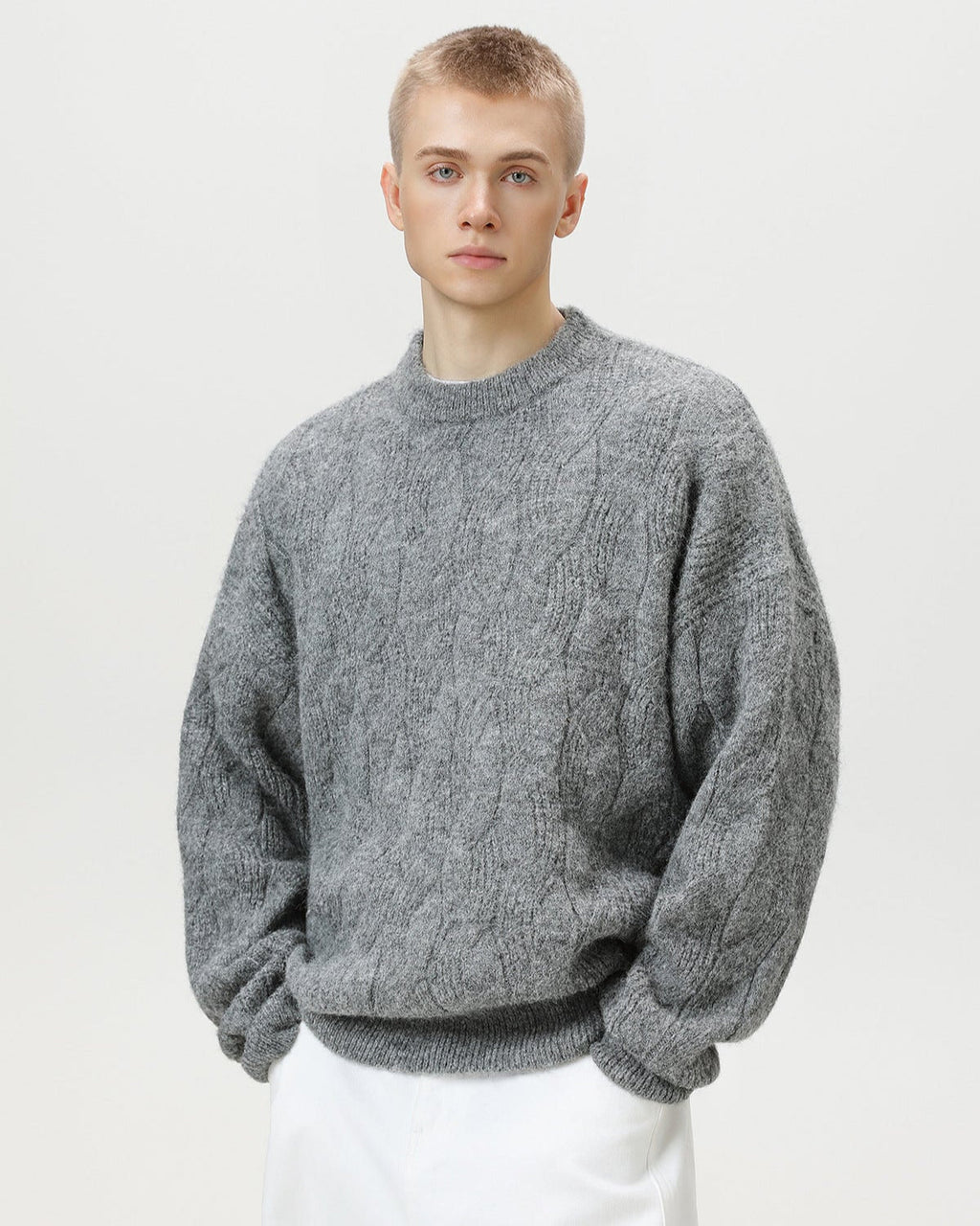 Oversized kabeltrui van wolmix heren